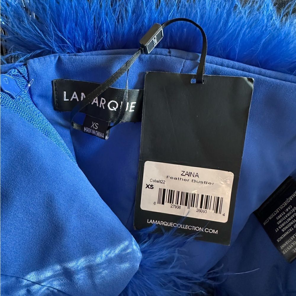 NWT LaMarque Zaina Top maribou feather bandeau bustier cobalt blue Revolve XS - Picture 4 of 10